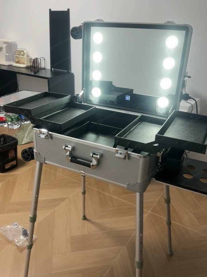 Beauty Makeup Table - 22-Zoll-Trolley-Koffer mit LED-Lichtspiegel, Aluminium-Profi-Rollkoffer für Kosmetik,
