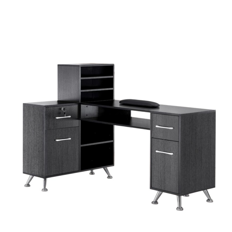 Beauty Makeup Table - Schwarzer L-förmiger Make-up-Nageltisch mit Schubladen-Aufbewahrung für